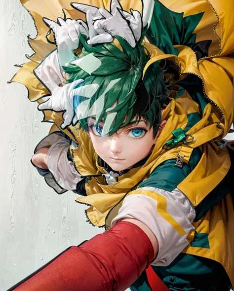 A closeup of a person wearing a green suit and a yellow cape, trend in Station, tall anime boy with blue eyes, manga cover style...