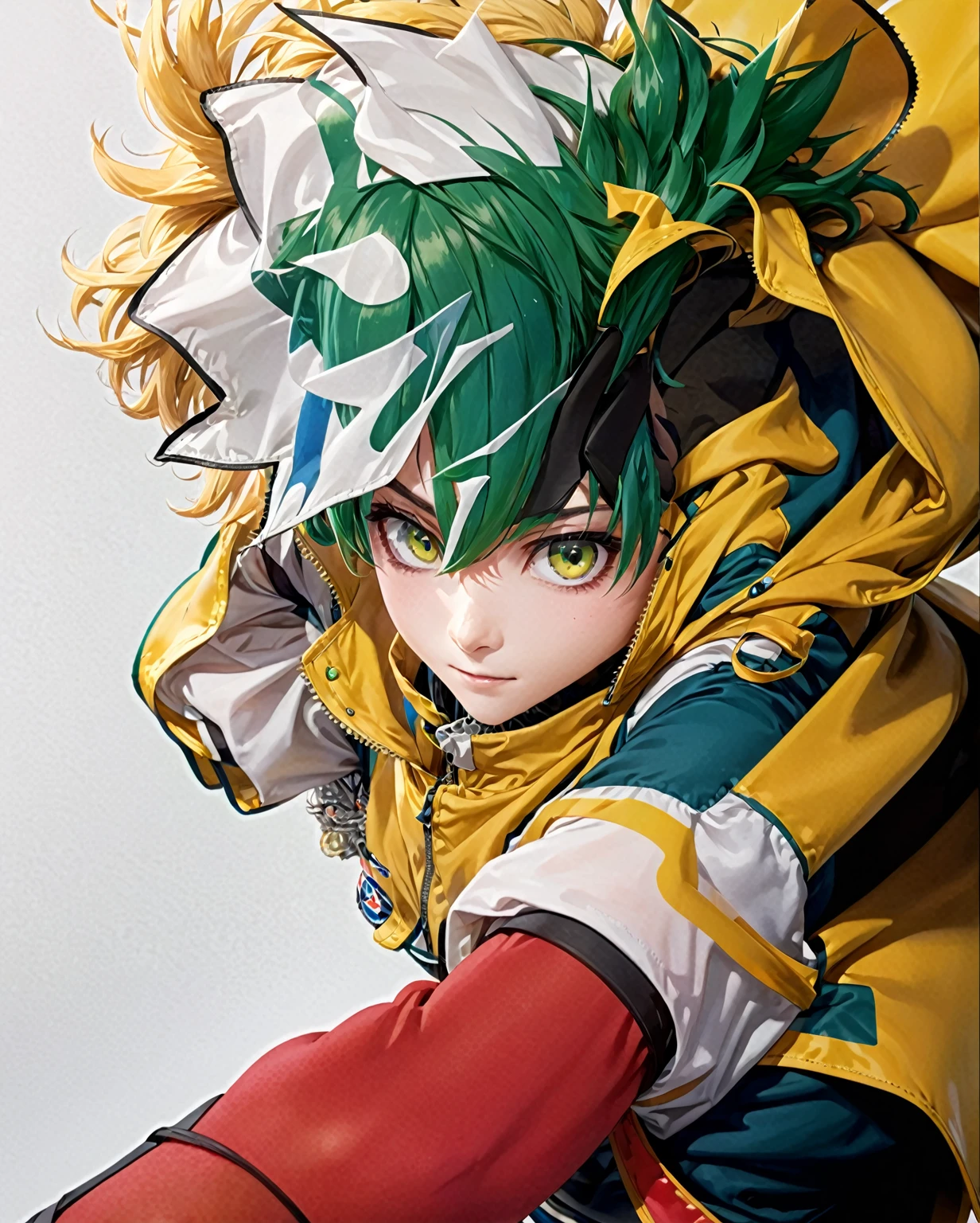 anime character with yellow and green hair and red glove, highly detailed exquisite fanart, Academia style Boku No Hero, fashion anime artwork, High quality fanart, Painting sleeves, high quality colored sketch, fashion anime art, see Kamagurka, made with anime painter studio, clean and detailed anime art, anime key art, vibrant fan art, pintura animada A closeup of a person wearing a green suit and a yellow cape, trend in Station, tall anime boy with blue eyes, manga cover style, trend in Station, shigenori soejima illustration, official art and wears special white gloves, red sleeves, Technological