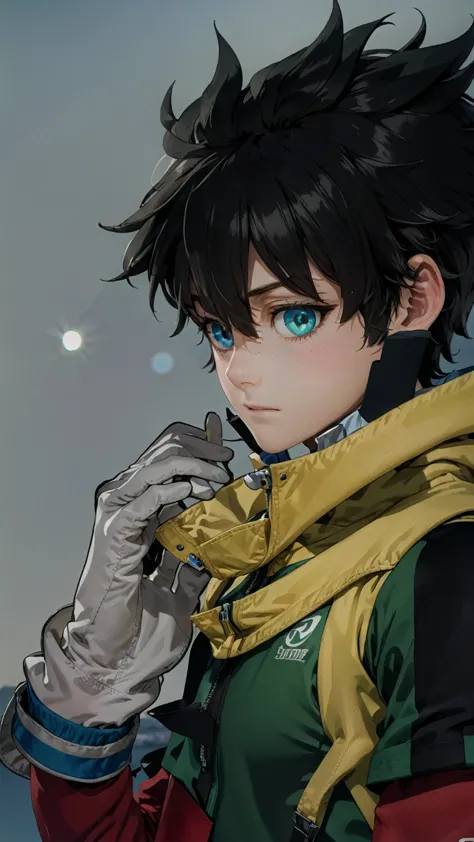 A closeup of a person wearing a green suit and a yellow cape, trend in Station, tall anime boy with blue eyes, manga cover style...