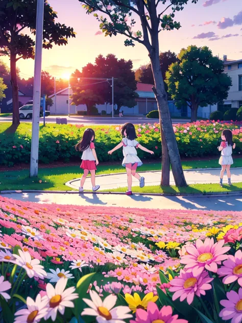 many children, children playing in a beautiful park, sunset, surrounded by flowers, spring.  red cross, high resolution, ultra-s...