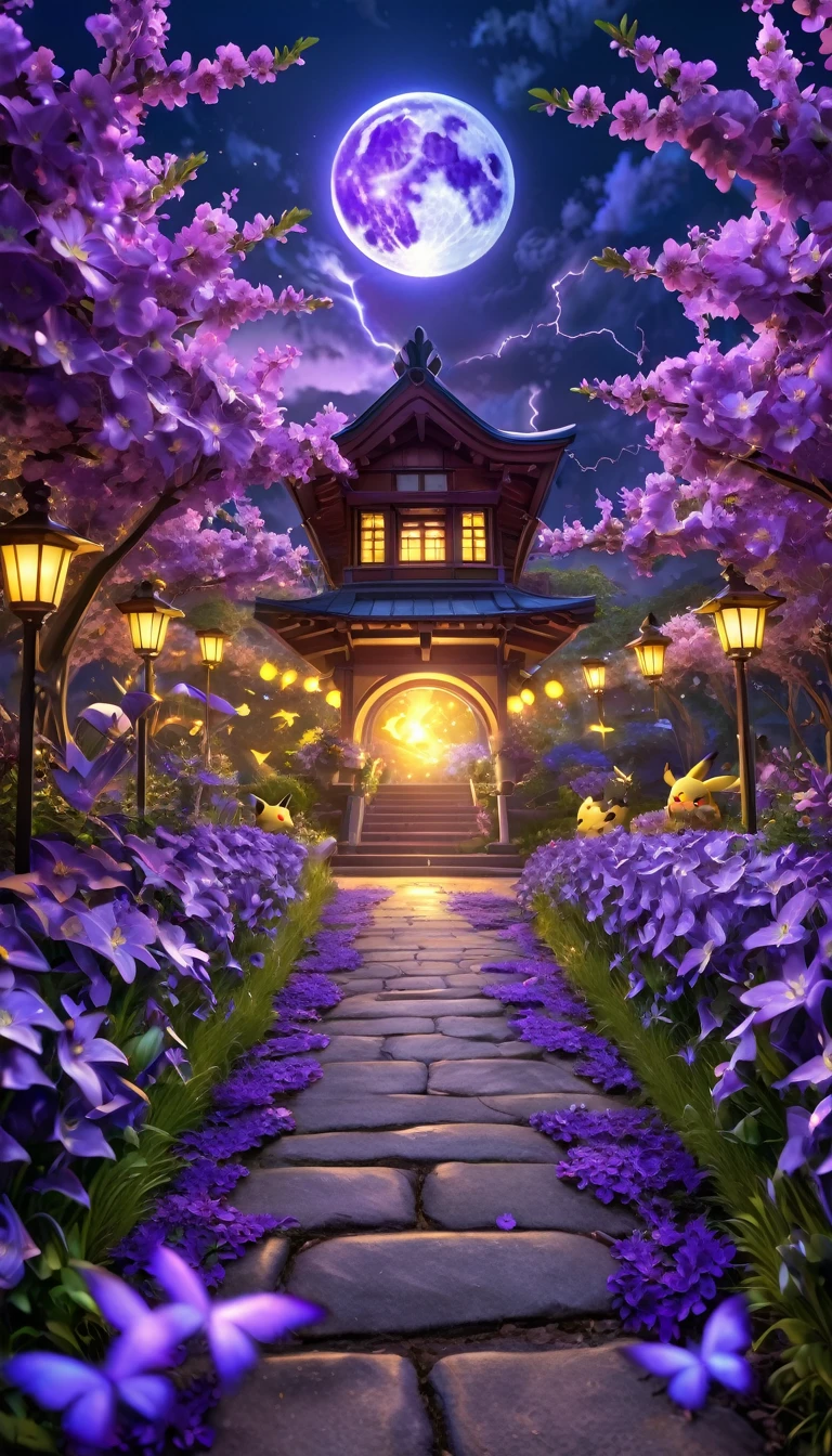 absurdos, alta resolução, ultra detalhado, HDR, obra de arte, melhor qualidade, Pikachu, Pokémon, Sozinho, parafuso de iluminação, fantasia, lua roxa, flores roxas, flores roxas, pétalas roxas, vagalumes