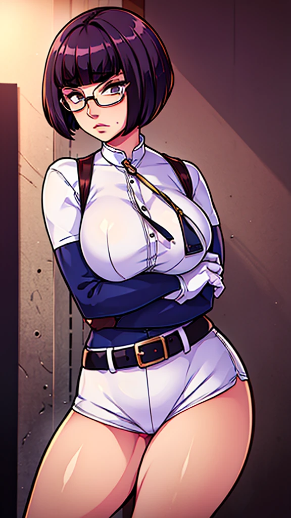 1girl, Best quality, Beautiful and sexy woman, (((((short hair, bangs))))) round glasses, (serious expression on her face) Big breasts, tomboy, police outfit, white gloves, sexy body, ("pose, facing the camera")