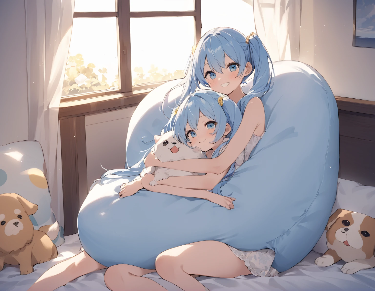 The room is decorated with many margaret flowers...、Margaret flowers on the windowsill、The morning sun is shining、Long light blue hair、beautiful girl with twin tails、Bright smile、Sitting on the bed hugging a big body pillow、My dog is watching over me beside my bed