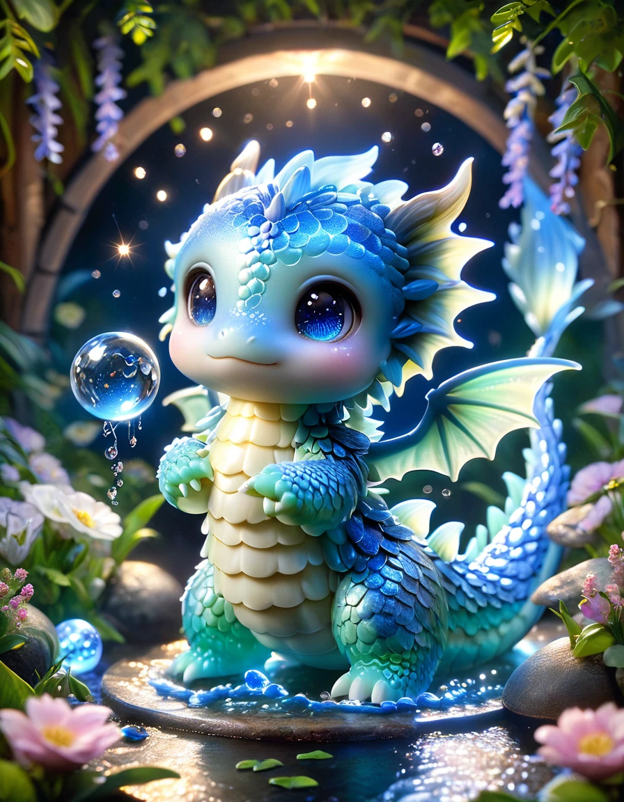 absurdres, highres, ultra detailed, HDR, master piece, light blue dragon, cute, best quality, blue moon, flowers, fantasy, magical, solo, water, blue shining fireflies, blue petals, fe cristal sphere, magic, small dragon