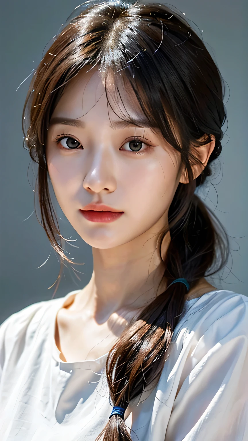 Close up of woman wearing white shirt and ponytail, realistic. Cheng Yi, beautiful korean women, beautiful portrait image, gorgeous face portrait, Cool animated face portraits, Korean woman, high quality portrait, beautiful and delicate face, photorealistic beautiful face, Beautiful young Korean woman, 아름답고 realistic 얼굴, Cute delicate face, portrait cute face