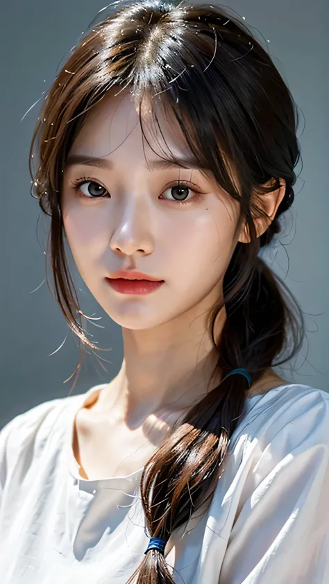 Close up of woman wearing white shirt and ponytail, realistic. Cheng Yi, beautiful korean women, beautiful portrait image, gorge...
