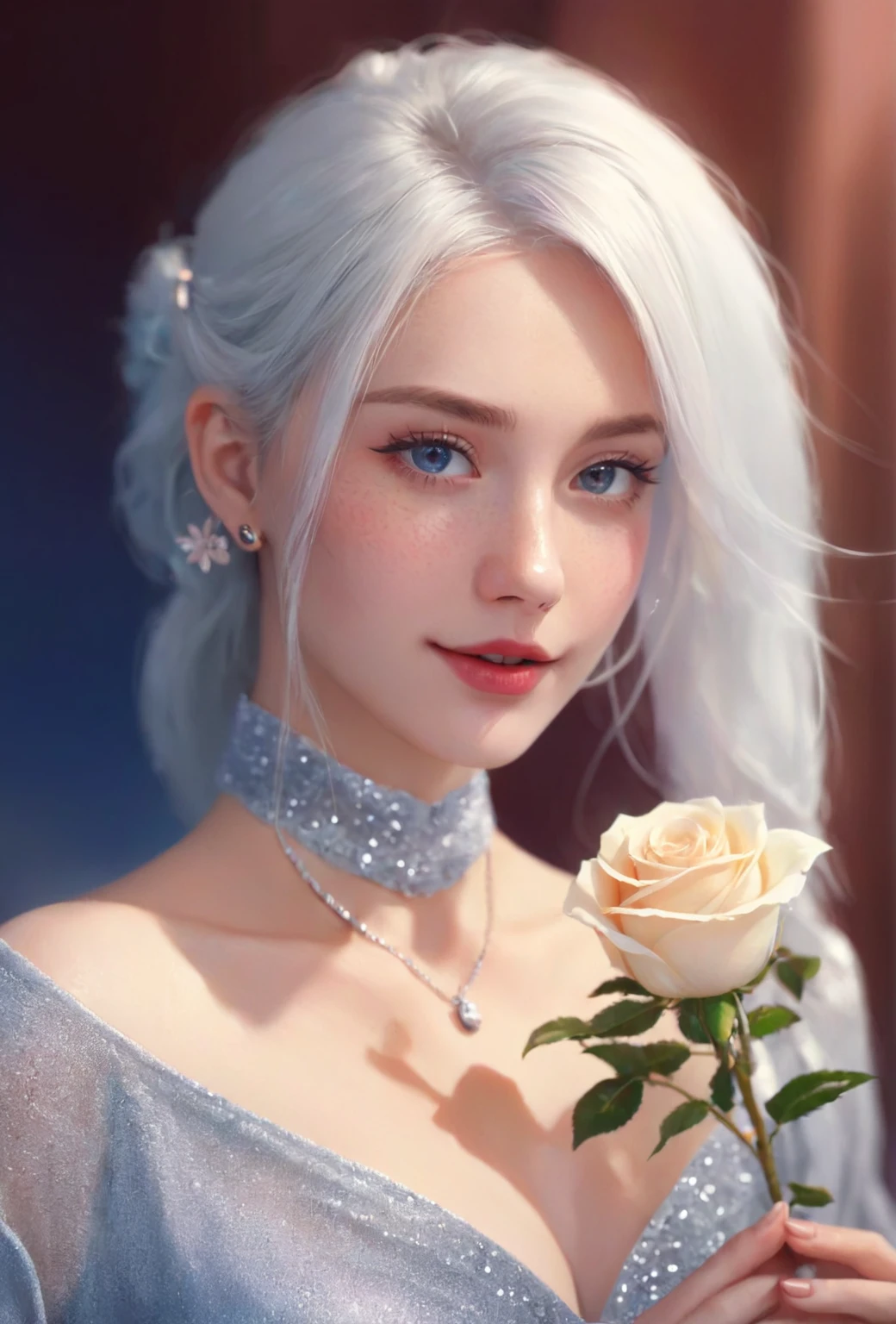 a close up of a woman with a rose in her hand, artwork in the style of guweiz, realistic artstyle, girl with white hair, 🌺 cgsociety, guweiz, trending on cgstation, perfect white haired girl, in the art style of bowater, fantasy art style, inspired by Yanjun Cheng, beautiful digital artwork, show cleavage