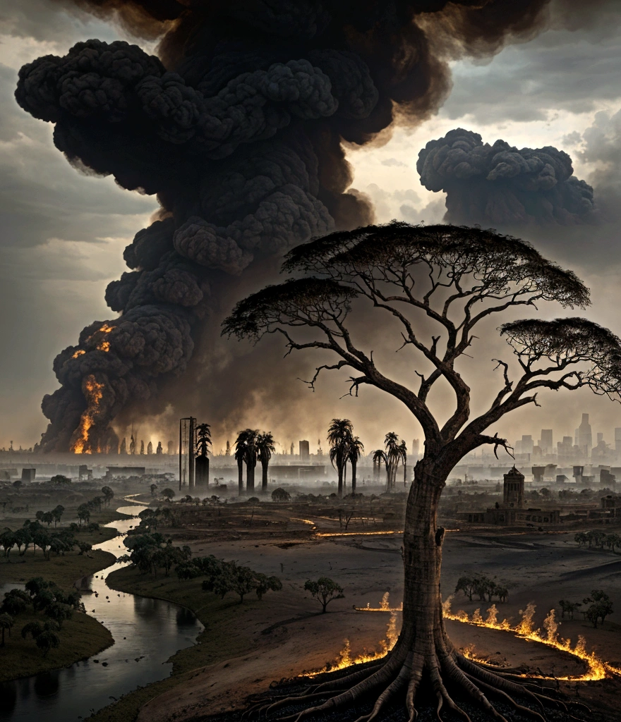 Hyper realistic image of A vast valley burned with skeletons of dead animals, 1 single centuries-old and imposing Kapok tree with a river around it in the center of the image and a burned city on the left side of the image, as background smoke and rain with dark sky.