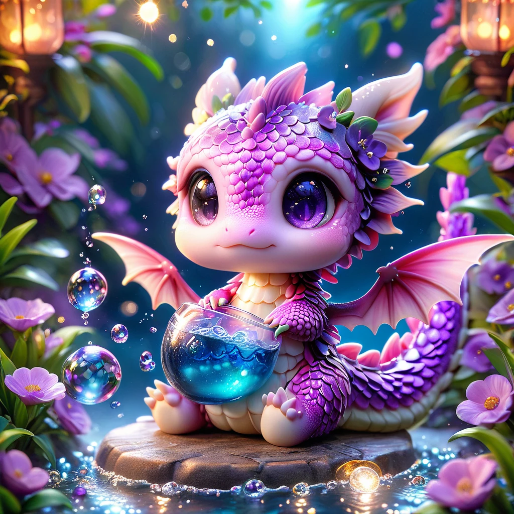 absurdres, highres, ultra detailed, HDR, master piece, best quality, small purple dragon, cute, solo, fantasy, purple flowers, purple petals, sparkling, glittering, magical, glass, water