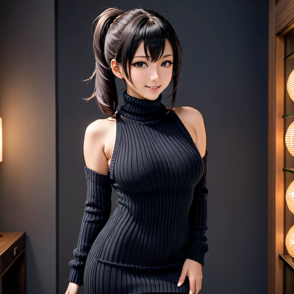 masterpiece, Highest quality, One girl, short ponytail、black hair、virgin killer sweater, (sweater dress:1.2), ribbed sweater,sideboob,cleavage cutout, turtleneck sweater,(broen sweater:1.3),(crop top navel:0.8)、sleeveless,gentle smile、Very sexy、upper body,from front,huge breasts