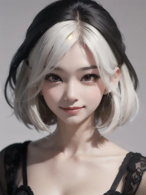 ((best quality)), ((masterpiece)), (detailed), perfect face. White hair. Anime girl. Short hair. Asian girl. Ulzzang. Smile. V n...