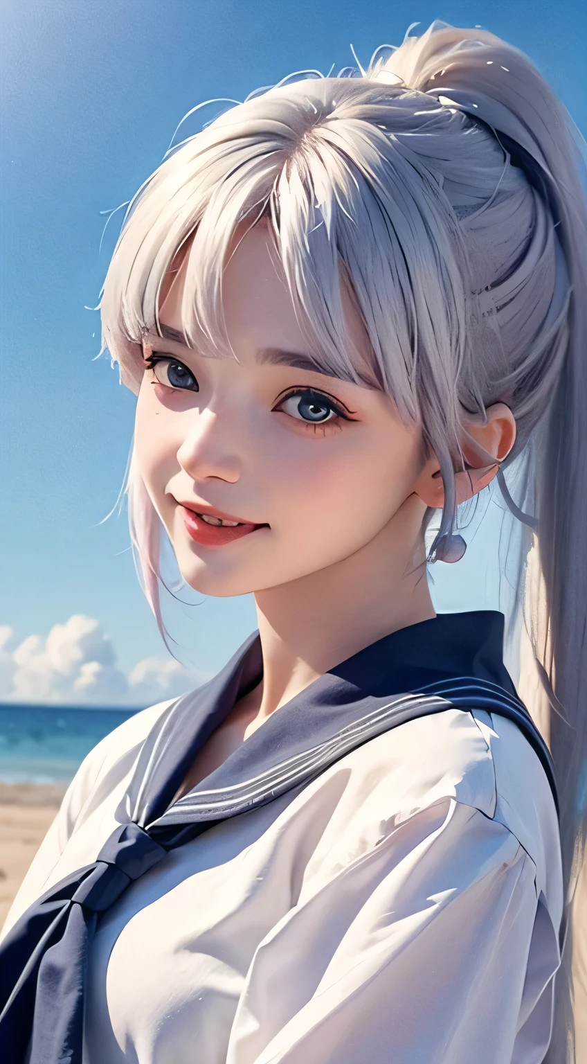 Best quality at best，tmasterpiece，Extremely Delicately Beautiful，The content is very detailed，CG，gatherings，8k wallpaper，An Astonishing，depth of fields，1 Chinese girl，very beautiful look，delicate skin，Flawless Face，plain face，white color hair，Long white hair，high ponytails，There are two strands of white hair on both sides of the ears，Wear pink hair accessories，Eye color is sky blue，Elaborate Eyes，Eyes sparkle，grin face, Put on a sailor suit、medium  、Have by the sea、(On the beach)、  light, realistically, tmasterpiece, Best quality, Complex CG, The face is very detailed, high detail eyeull bodyesbian locked，Full body lesbian