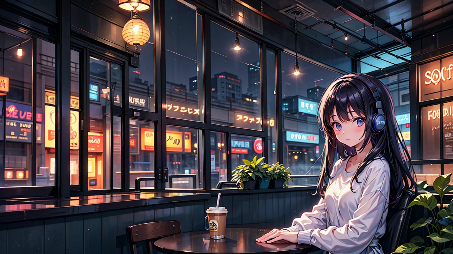 20-year-old female, 90s anime style, rain, coffee shop,, Woman wearing headphones, Late Night Cafe,Listening to music alone, City Pop, low quality, Lo-Fi, Chill, late 夜, Stylish cafe counter seats, Dark Room, Futuristic night view outside the window, Dark Room