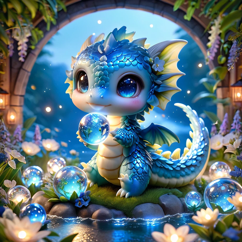 absurdres, highres, ultra detailed, HDR, master piece, light blue dragon, cute, best quality, blue moon, flowers, fantasy, magical, solo, water, blue shining fireflies, blue petals, fe cristal sphere, magic, small dragon, glittering, holding a sphere