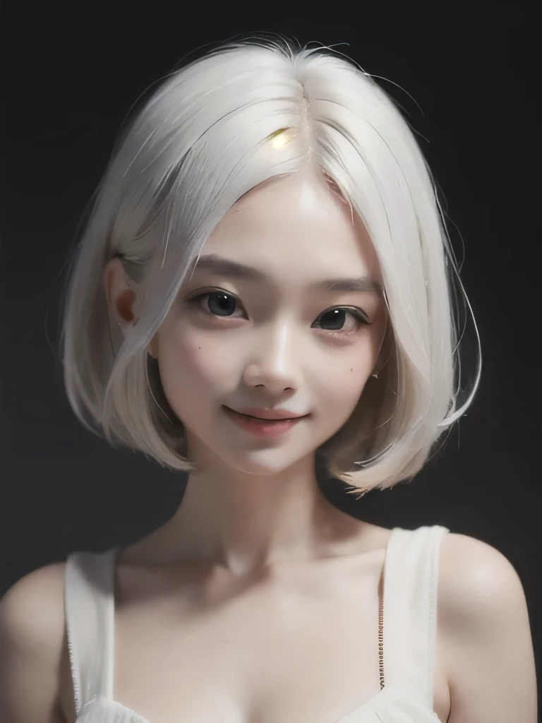 ((Meilleure qualité)), ((chef-d&#39;œuvre)), (détaillé), visage parfait. cheveux blancs. fille animée. Cheveux courts. fille asiatique. Ulzzang. sourire. col en V. 