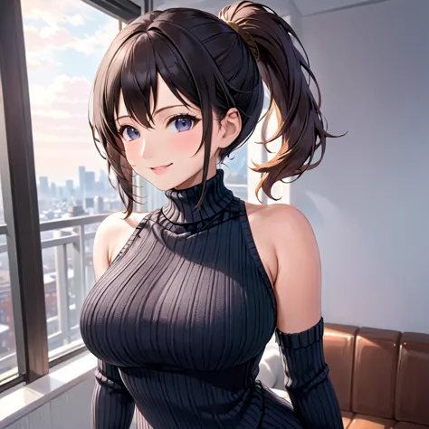 masterpiece, highest quality, one girl, short ponytail、black hair、virgin killer sweater, (sweater dress:1.2), ribbed sweater,sid...