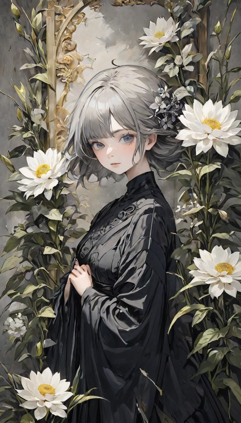 Beautiful woman、flower arrangement、Wabi-sabi art、Very detailed_face_eye、Very detailedface、Black Dress、white、gray、Tone、parchment、抽象的flower arrangement、Three big flowers、Surreal art、silence、wallpaper、Highest quality、masterpiece、High resolution、８ｋ