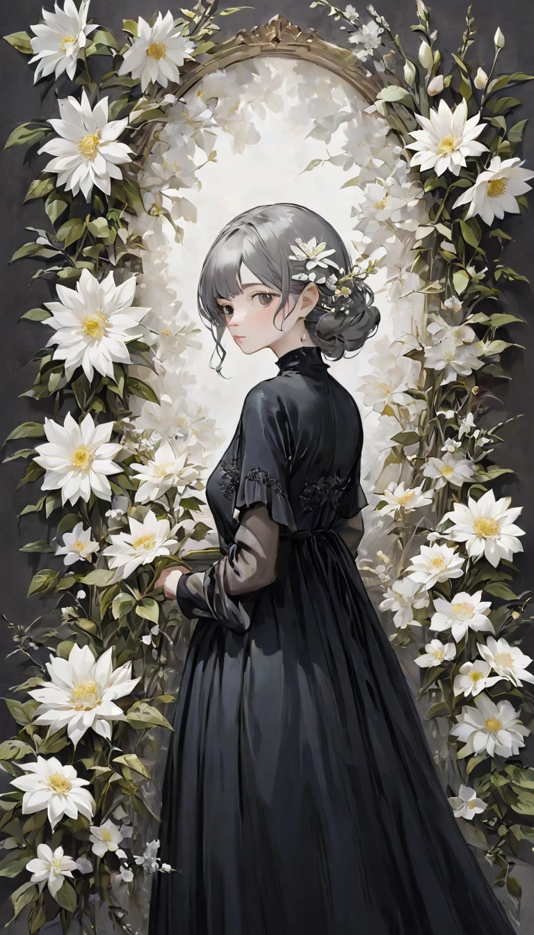 Beautiful woman、flower arrangement、Wabi-sabi art、Very detailed_face_eye、Very detailedface、Black Dress、white、gray、Tone、parchment、抽象的flower arrangement、Three big flowers、Surreal art、silence、wallpaper、Highest quality、masterpiece、High resolution、８ｋ