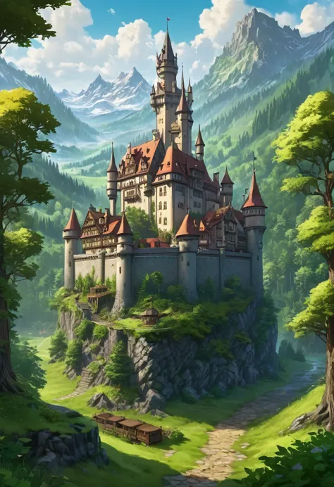 a big city rpg inspired by switzerland and germany , fancy, with forest, a large castle in the center, makes, surrounded by prai...