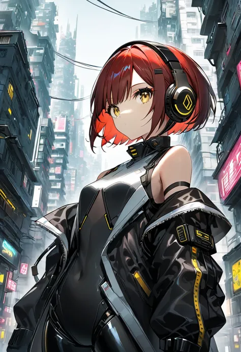 1girl in, android, cyberpunk, red hair, cyan and yellow eyes, short hair, white breastplate, black futuristic headphones, mechan...