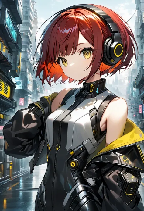 1girl in, android, cyberpunk, red hair, cyan and yellow eyes, short hair, white breastplate, black futuristic headphones, mechan...