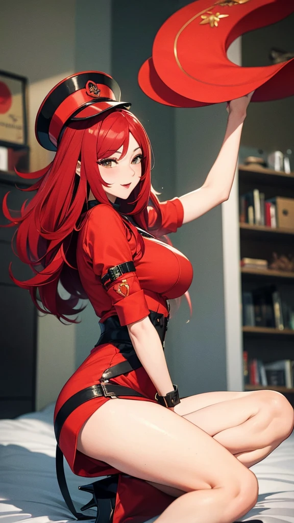 mulher asiática sensual, anime, Maior qualidade, Mulher abre as pernas, roupa ruiva, cabelo vermelho