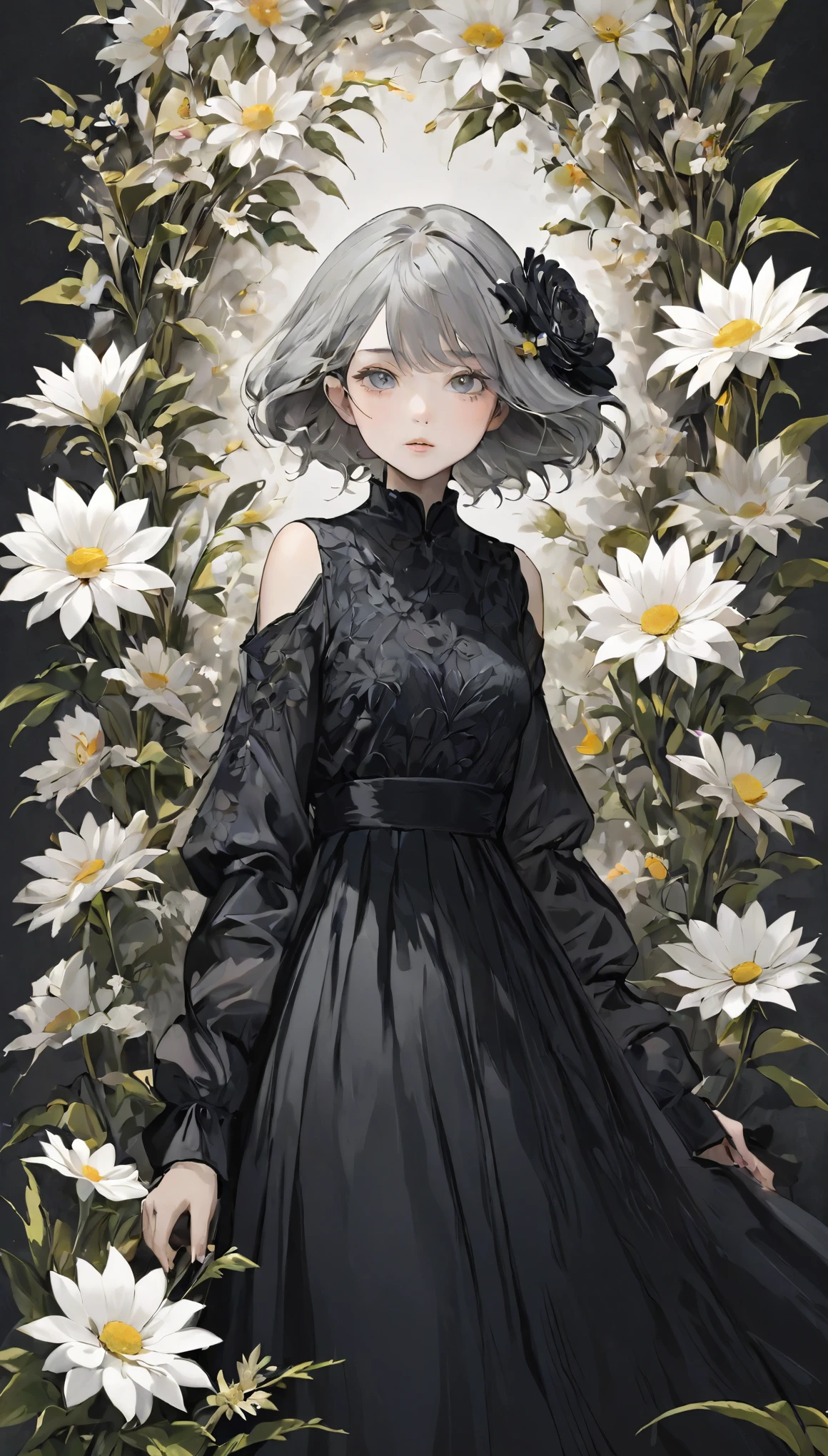 Beautiful woman、flower arrangement、Wabi-sabi art、Very detailed_face_eye、Very detailedface、Black Dress、white、gray、Tone、parchment、抽象的flower arrangement、Three big flowers、Surreal art、silence、wallpaper、Highest quality、masterpiece、High resolution、８ｋ