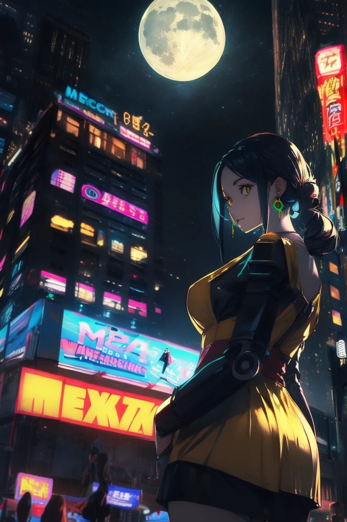 (masterpiece, Highest quality;1.3), Very detailed ,Super detailed,  One girl,alone,  Twin tails,  Large Breasts, Wicked Smile, Gundam(Search results for RX78), sf, Mecha, , Blue Hair, alone, hair ornaments, Long Hair, Twin tails, Golden Eyes, jewelry, Earrings, View your viewers,Shinjuku City Background,night, There are lots of neon signs, Moon base, Detailed dress, Micro Mini Skirt,  From below, Sitting,, Bust Shot,