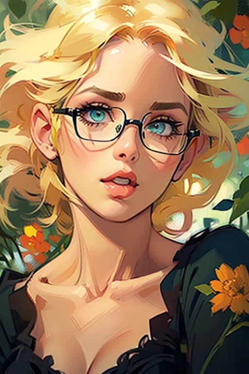 ((close-up of woman's face:1.4)),(getting excited),(looking at camera, moan:1.4),(realistic illustration). cute 27 yo ((blonde:1.3)) Caucasian woman with green eyes. Sexy (chubby:0.7) figure, natural breasts, beautiful ass. Eyeglasses, cardigan, black floral print sundress, Masterpiece, (highly detailed:1.2),(detailed face and eyes:1.2), 8k wallpaper, cinematic lighting. core shadows, high contrast, bokeh.