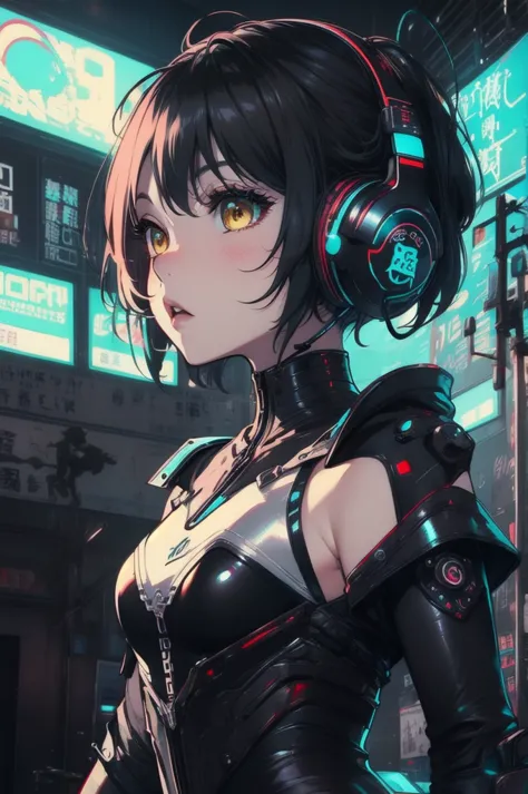 one girl, android, cyber punk, redhead, cyan and yellow eyes, short hair, white breastplate, futuristic black headphones, mechan...