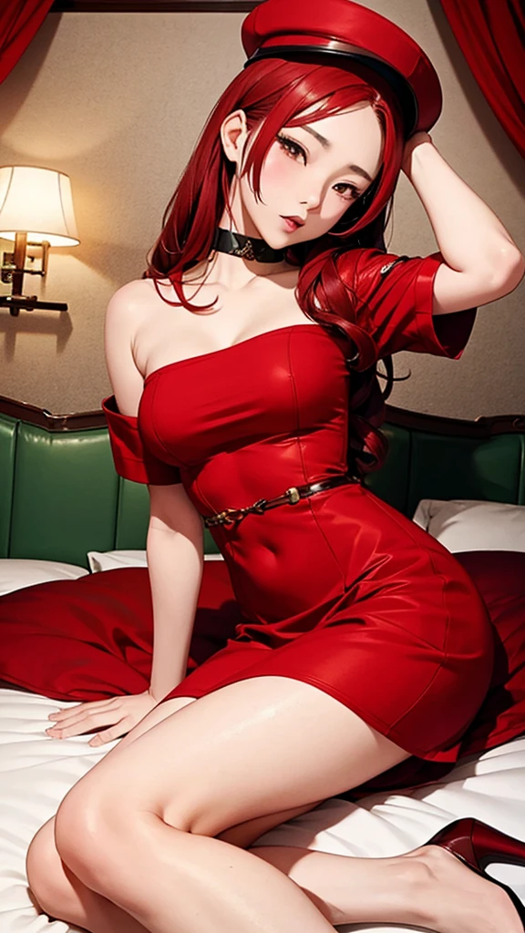 sensual asian woman, アニメ, Higher quality, woman opens her legs, redheadwear, Red hair, lying on her bed, semi new