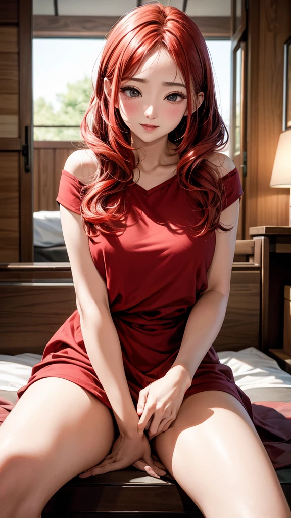 highest quallity、4K quality、 with dresan without shoulders plays woman、woman opens her legs wide、bare crotch、The woman is shy、A man inserts his penis into a woman, Asian woman, red haired redhead