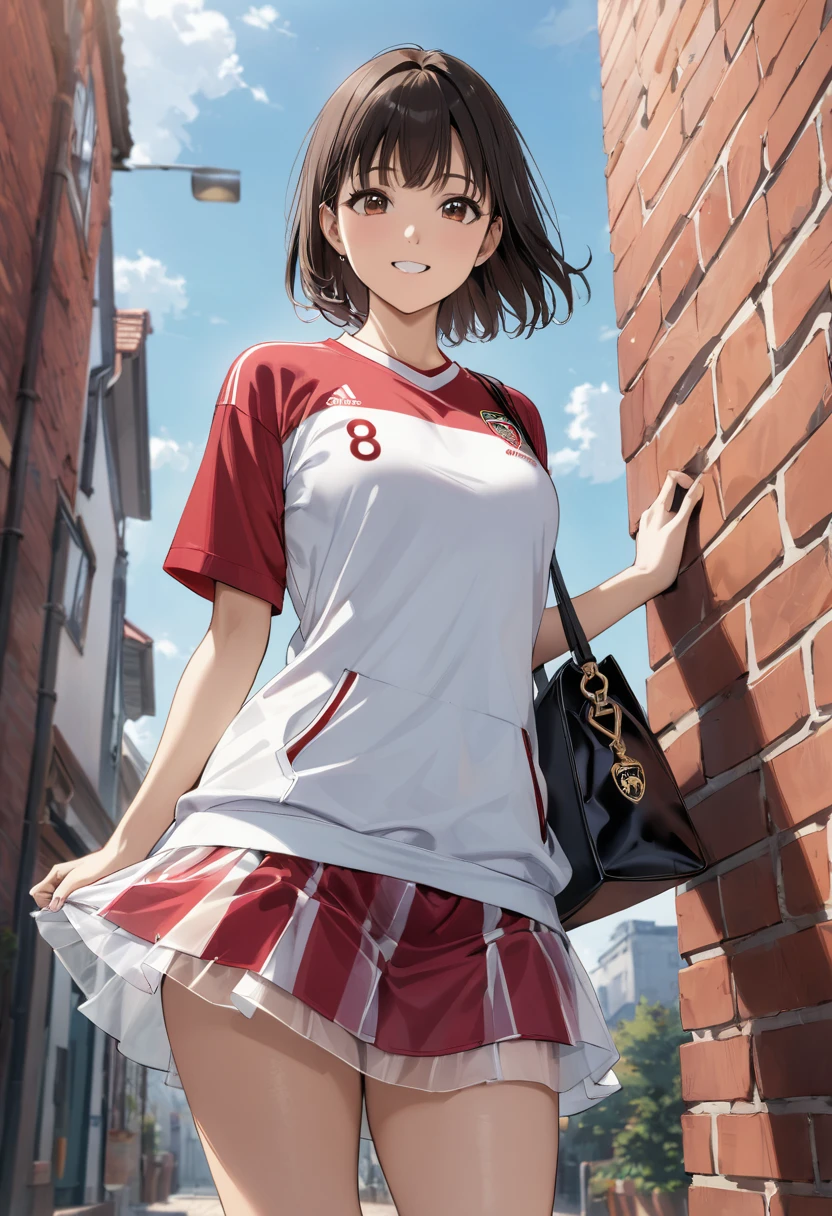 masterpiece,best quality,absurdres,1girl,perfect body,looking side,smile,white zipup boots,red soccer jersey, oversized jersey, white tulle skirt,miniskirt, a luxury brand shoulder bag,stand against the brick wall,full_shot,front view,dynamic_angle,