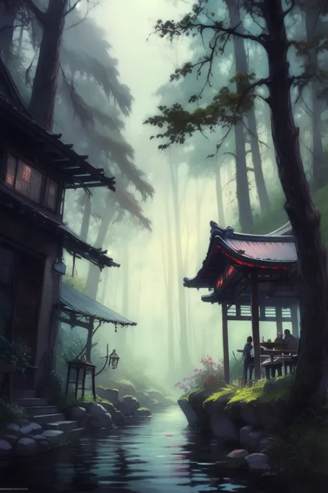 a painting of a house in the woods with a river running through it.., fantasy izakaya background, highly detailed fantasy art, d...