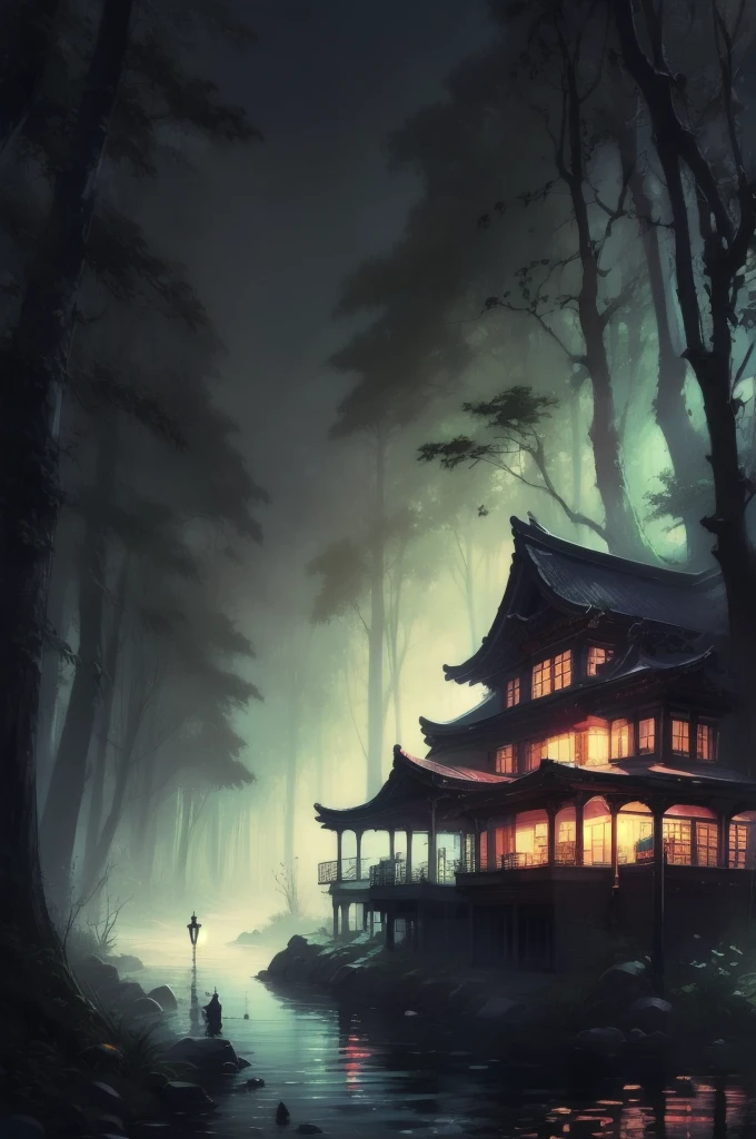 A painting of a house in the woods with a river running through it.., fantasy Izakaya background, highly detailed fantasy art, dark Fantasy Setting, A multifaceted cozy izakaya, Kerem Couplet, Izakaya background, Fantasy Setting, A pleasant and enchanting scene, Beautiful depiction of a fairy tale, A mesmerizing magical fantasy forest, Magical Environment, Realistic fantasy illustration, Highly realistic concept art