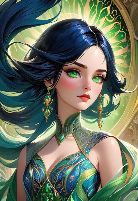 a beautiful malw with long flowing blue hair and short black hair, intricate hairstyle, detailed facial features, gorgeous green...