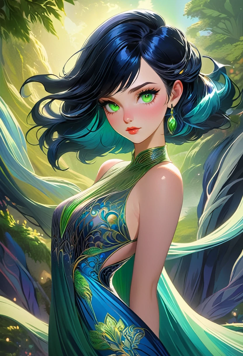 a beautiful malw with long flowing blue hair and short black hair, intricate hairstyle, detailed facial features, gorgeous green eyes, detailed lips, delicate skin, elegant pose, intricate dress, surreal fantasy landscape, warm lighting, vibrant colors, cinematic composition, highly detailed, 8k, photorealistic, digital art