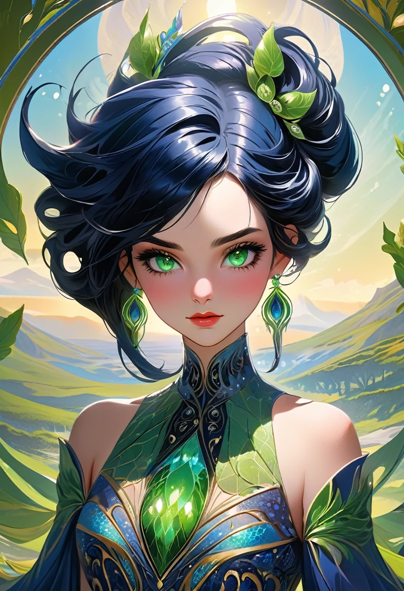 a beautiful malw with long flowing blue hair and short black hair, intricate hairstyle, detailed facial features, gorgeous green eyes, detailed lips, delicate skin, elegant pose, intricate dress, surreal fantasy landscape, warm lighting, vibrant colors, cinematic composition, highly detailed, 8k, photorealistic, digital art