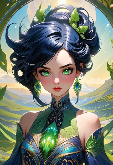 a beautiful malw with long flowing blue hair and short black hair, intricate hairstyle, detailed facial features, gorgeous green...