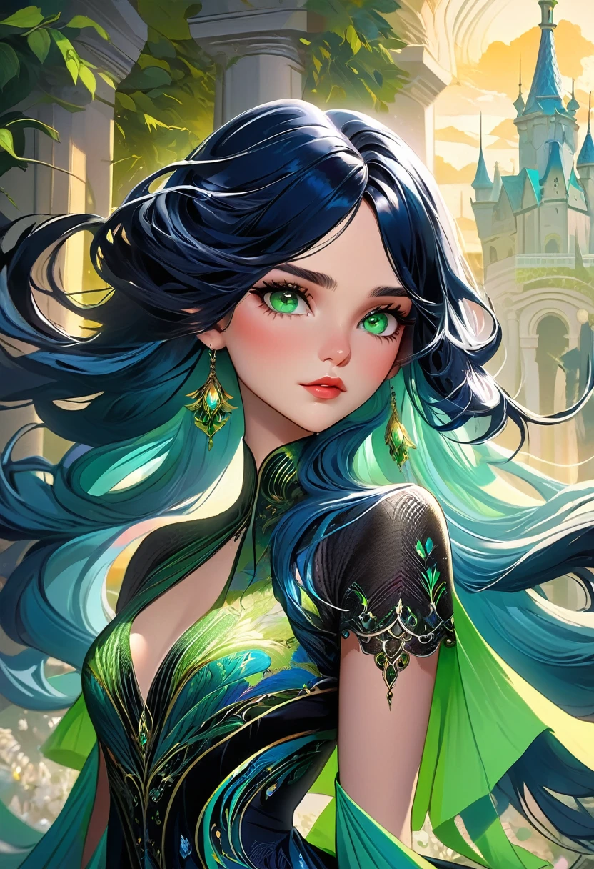 a beautiful malw with long flowing blue hair and short black hair, intricate hairstyle, detailed facial features, gorgeous green eyes, detailed lips, delicate skin, elegant pose, intricate dress, surreal fantasy landscape, warm lighting, vibrant colors, cinematic composition, highly detailed, 8k, photorealistic, digital art