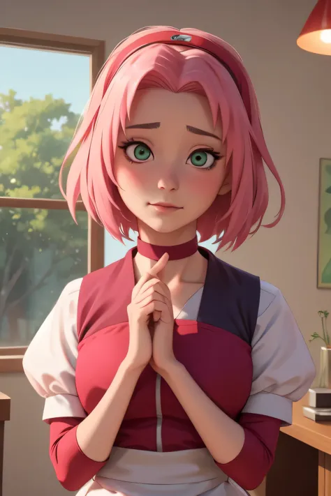 Haruno Sakura. pink hair. green eyes. short hairstyle. choker. maid dress. bow. a photo of a face in the vicinity. 
