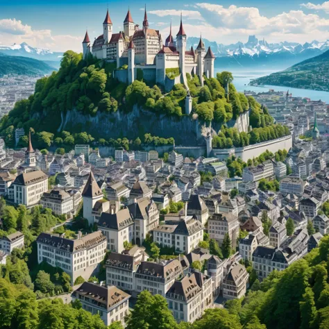 a large city inspired by zurich and paris with a large castle in the center, with many houses, surrounded by mountains and fores...