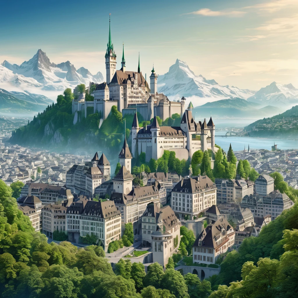 A large city inspired by Zurich and Paris with a large castle in the center, with many houses, surrounded by mountains and forests.