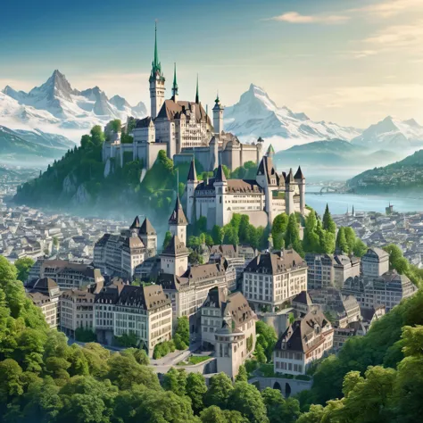 a large city inspired by zurich and paris with a large castle in the center, with many houses, surrounded by mountains and fores...