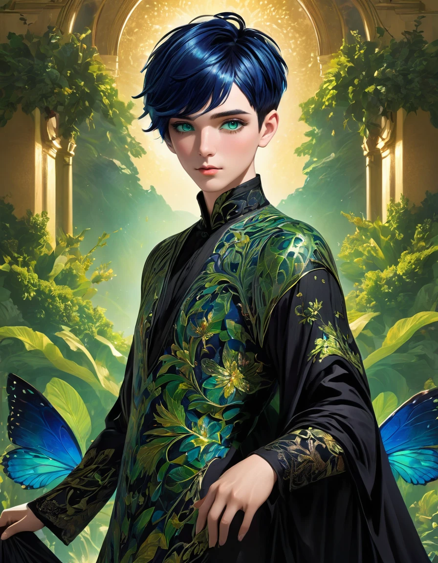 a beautiful male with short flowing blue hair and short black hair, intricate hairstyle, detailed facial features, gorgeous green eyes, detailed lips, delicate skin, elegant pose, intricate dress, surreal fantasy landscape, warm lighting, vibrant colors, cinematic composition, highly detailed, 8k, photorealistic, digital art