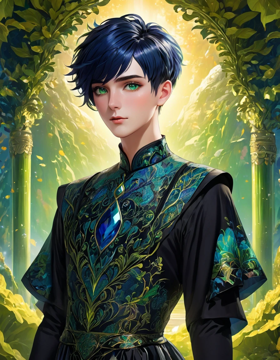 a beautiful male with short flowing blue hair and short black hair, intricate hairstyle, detailed facial features, gorgeous green eyes, detailed lips, delicate skin, elegant pose, intricate dress, surreal fantasy landscape, warm lighting, vibrant colors, cinematic composition, highly detailed, 8k, photorealistic, digital art