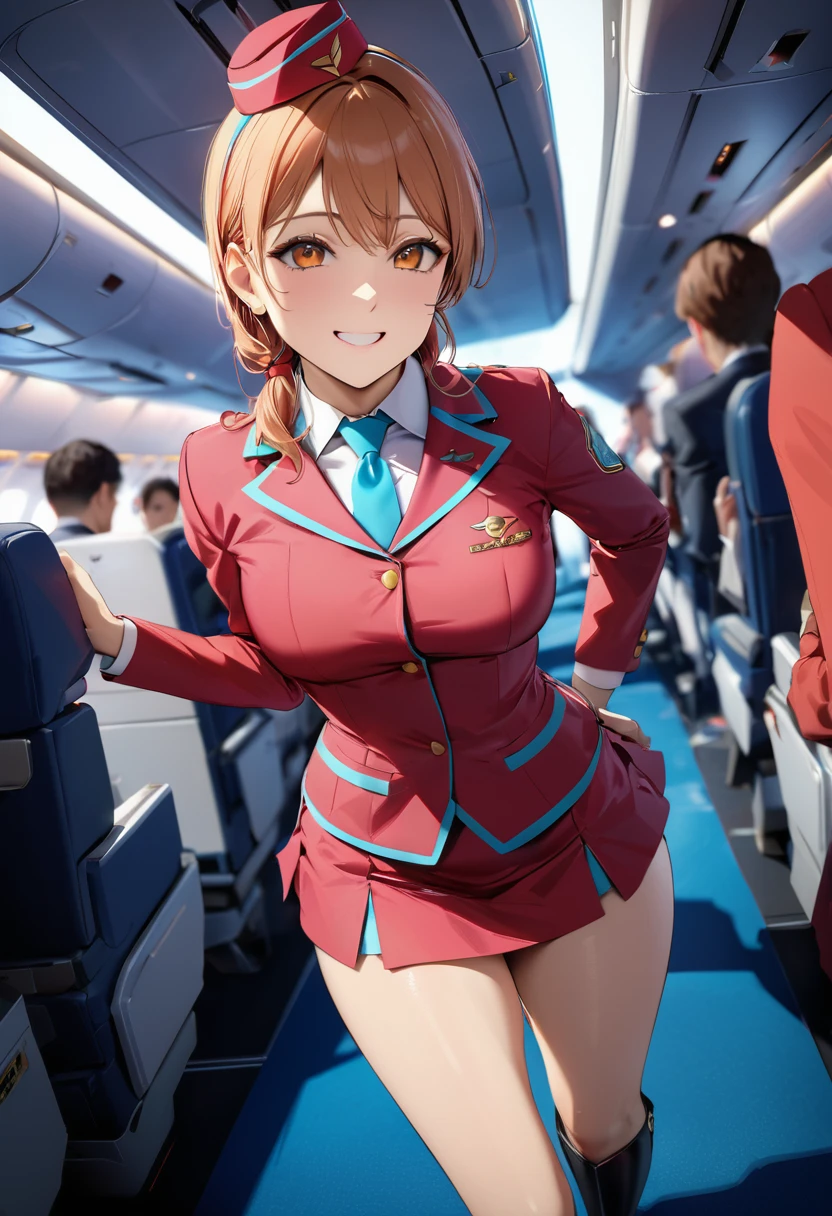 masterpiece,best quality,ultra detailed,8K,super fine illustration,highly detailed beautiful face and eyes,perfect anatomy,professional lighting,1 flight attendant,microskirt and boots uniform,orange and pink dress,smile,airplane interior,dynamic angle,depth of field,chromatic_aberration,masterpiece,best quality,very aesthetic,absurdres,newest,