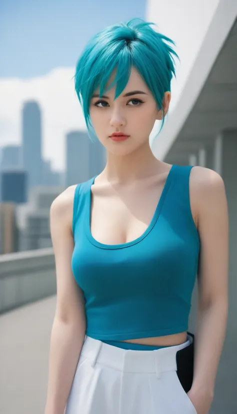 Bulma de Dragon Ball marchant dans un paysage urbain futuriste。L&#39;arrière-plan présente des gratte-ciel et des véhicules futu...