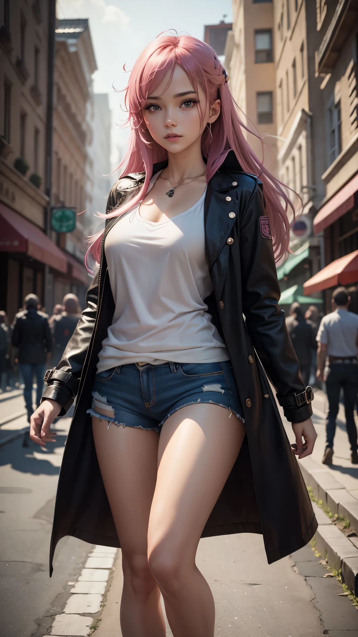 a masterpiece, best quality, highres, absurdres, 1girl, crowd, laced underwear, long trenchcoat, pink hair, gasai yuno, from below, revealing clothes, skindentation, outdoors, sunlight, street, looking at viewer, blush, detailed face, beautiful detailed eyes, beautiful detailed lips, extremely detailed face, long eyelashes, cinematic lighting, depth of field, volumetric lighting, photorealistic, digital painting, concept art, vibrant colors, dynamic pose