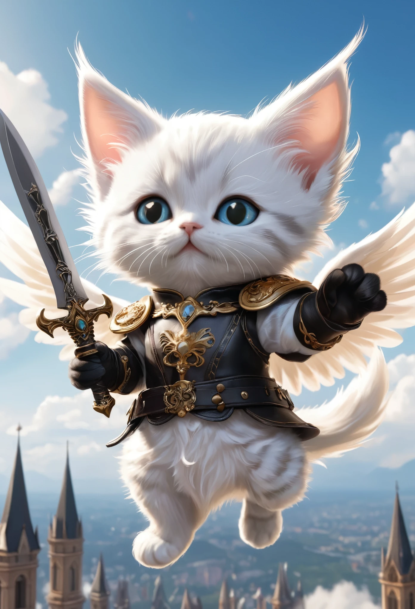(Soft epic drawing:1.3), close-up of (cute anthropomorphic kitten angel:1.3) (holding long sharp magic blade:1.2), (long intricate robe:1.2), wide wings, (sitting on edge of modern building:1.3), colorful buildings, masterpiece in maximum 16K resolution, best quality, ultra detailed.